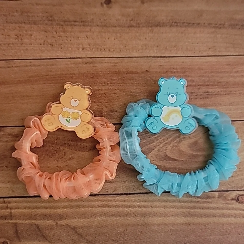 Bears Acrylic Peach and Teal Tulle Fabric Elastic Girl's Hair Crunchies